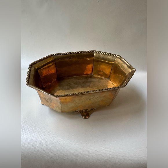 Solid Heavy Brass Octagon Footed Planter Bowl 3.5” Tall, 8” Length, 5.5” Wide - Picture 6 of 7